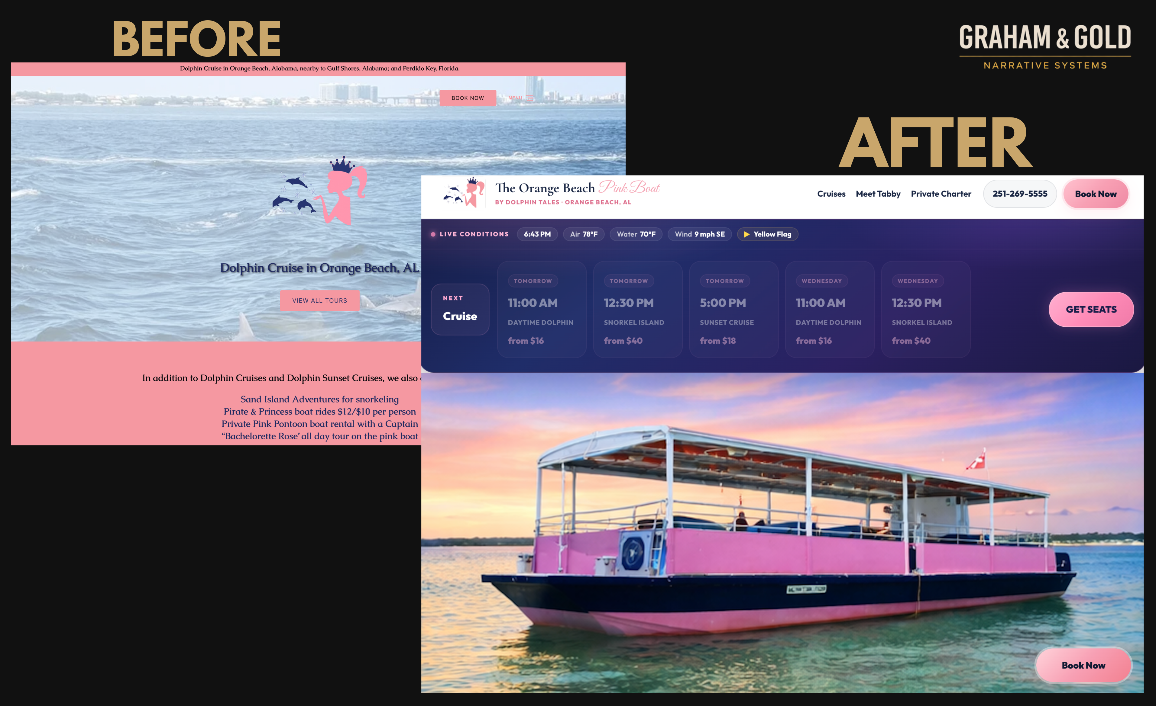 Before and after — The Pink Boat Dolphin Cruises website redesign by Graham and Gold