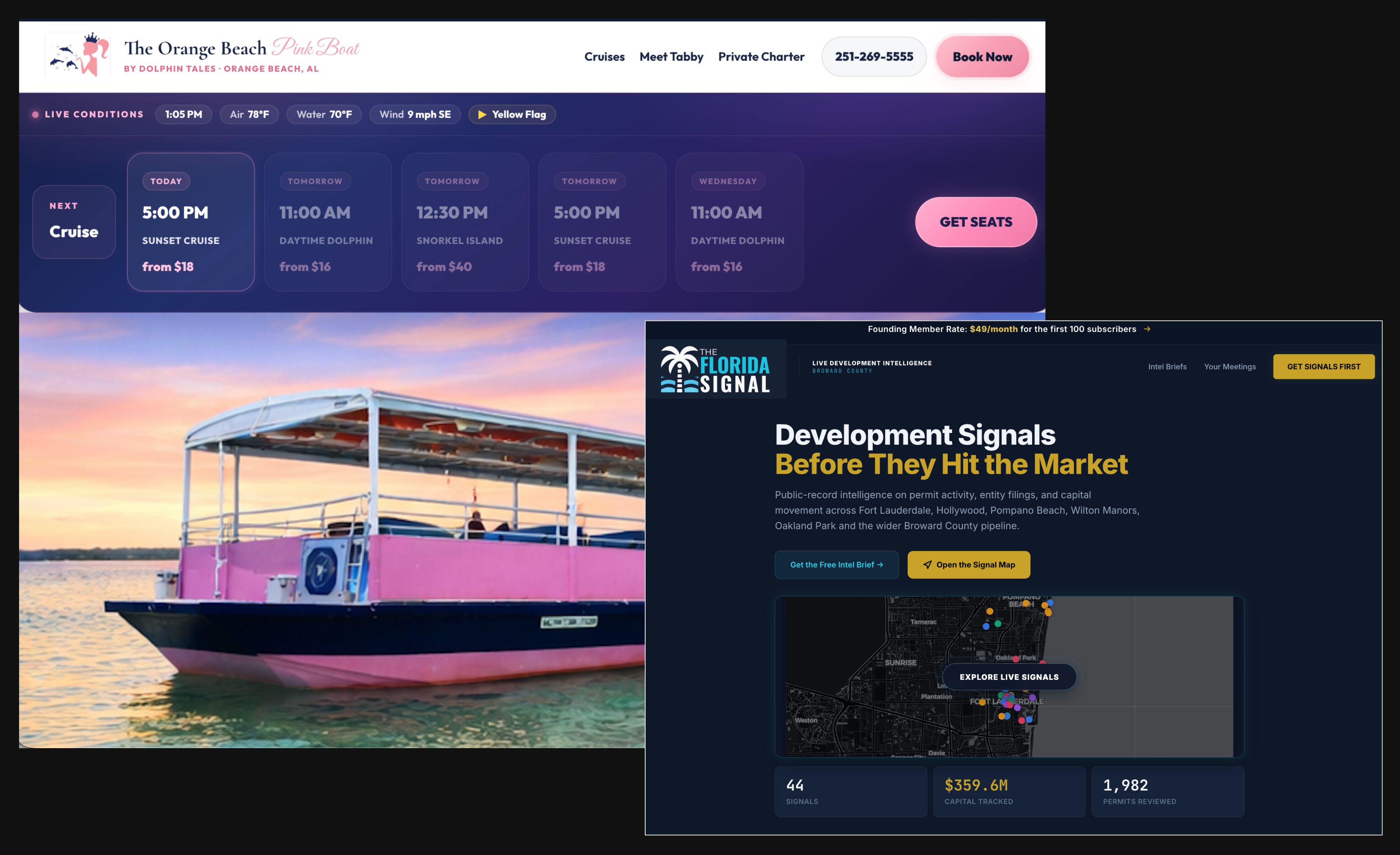 Two current Graham and Gold projects — The Florida Signal editorial intelligence platform and The Pink Boat Dolphin Cruises website